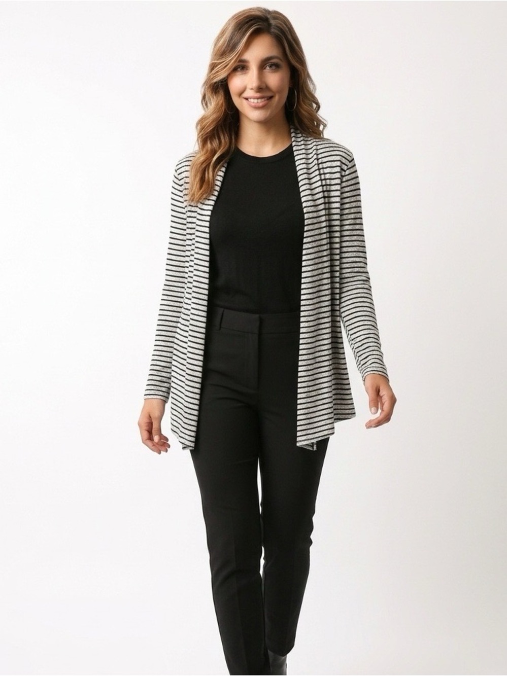 Chico's Zenergy Striped Open Front Cardigan Draped Wrap Sweater Size 1 US 8/10